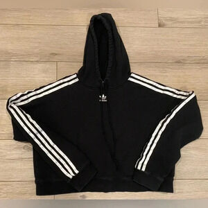 Adidas Women’s 100% Cotton Cropped Drawstring Hoodie Black White Stripes S‎ EUC